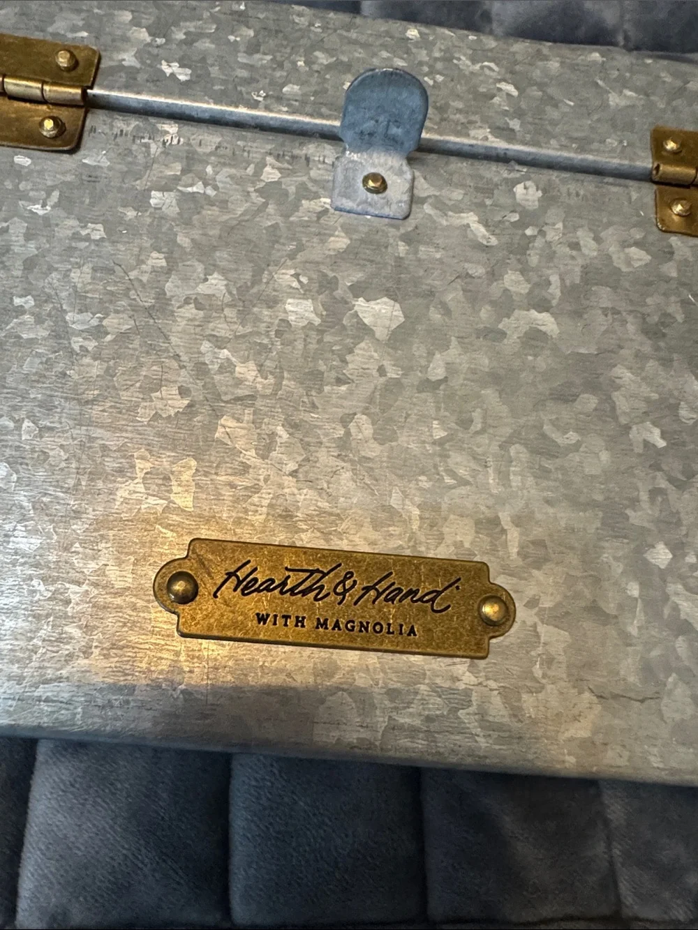 Hearth &hand Galvanized Metal Recipe Box with Brass Latch -silver gray